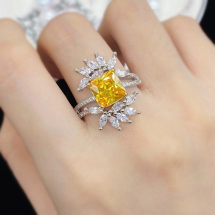 Silver Plated Anti Tarnish American Diamond Crushed Ice Cut Yellow Contemporary Finger Ring - VAIRAVI
