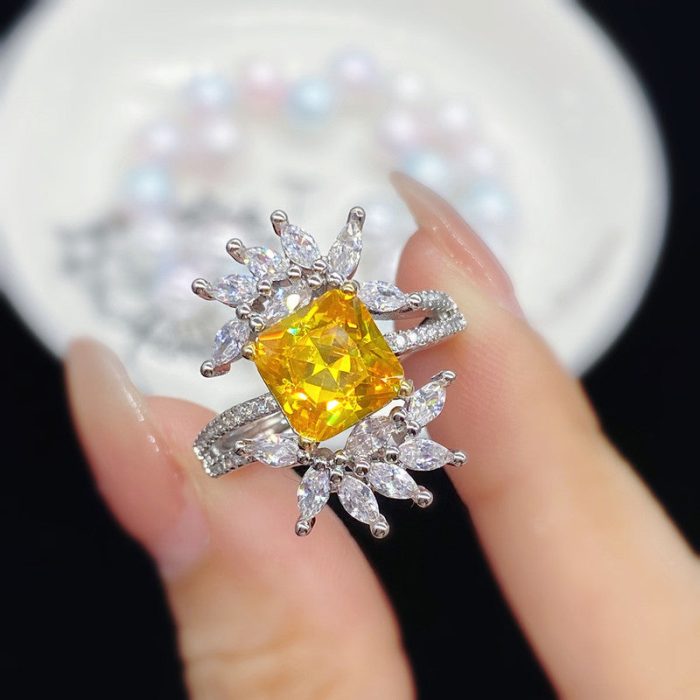 Silver Plated Anti Tarnish American Diamond Crushed Ice Cut Yellow Contemporary Finger Ring - VAIRAVI
