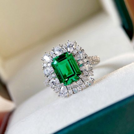 Silver Plated Anti Tarnish American Diamond Crushed Ice Cut Green Rectangular Finger Ring - VAIRAVI
