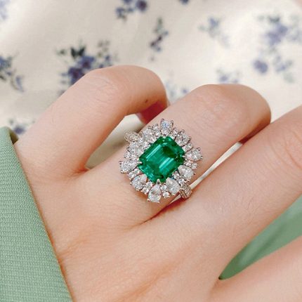 Silver Plated Anti Tarnish American Diamond Crushed Ice Cut Green Rectangular Finger Ring - VAIRAVI