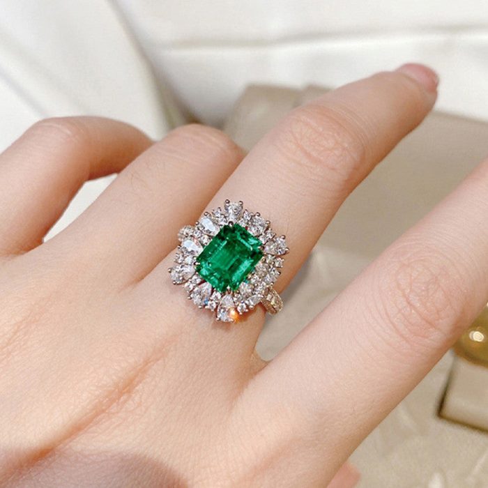 Silver Plated Anti Tarnish American Diamond Crushed Ice Cut Green Rectangular Finger Ring - VAIRAVI