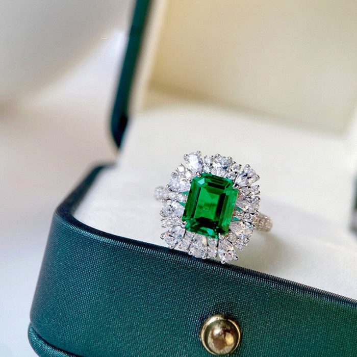 Silver Plated Anti Tarnish American Diamond Crushed Ice Cut Green Rectangular Finger Ring - VAIRAVI
