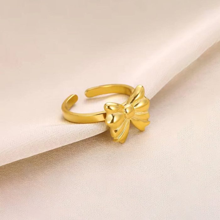 Gold Plated Stainless Steel Anti Tarnish Bow Themed Adjustable Finger Ring For Women - Image 2