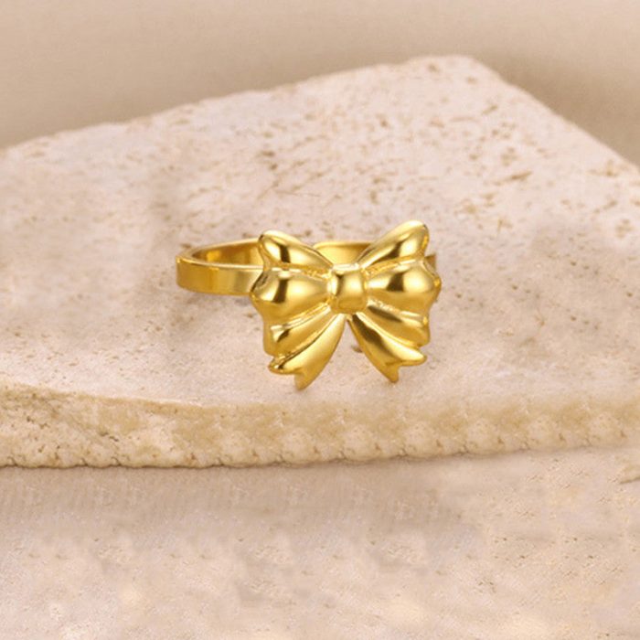 Gold Plated Stainless Steel Anti Tarnish Bow Themed Adjustable Finger Ring For Women - Image 5