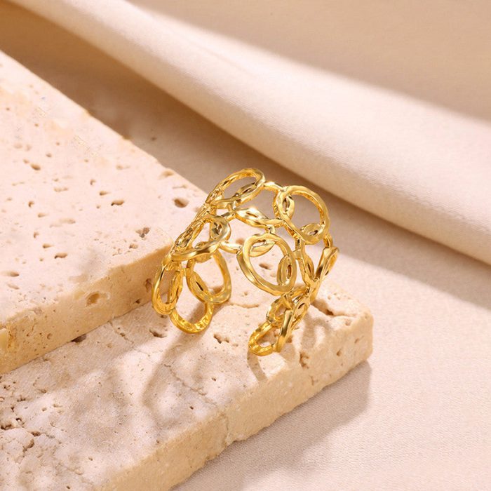 Gold Plated Anti Tarnish Stainless Steel Geometric Adjustable Finger Ring - Image 2