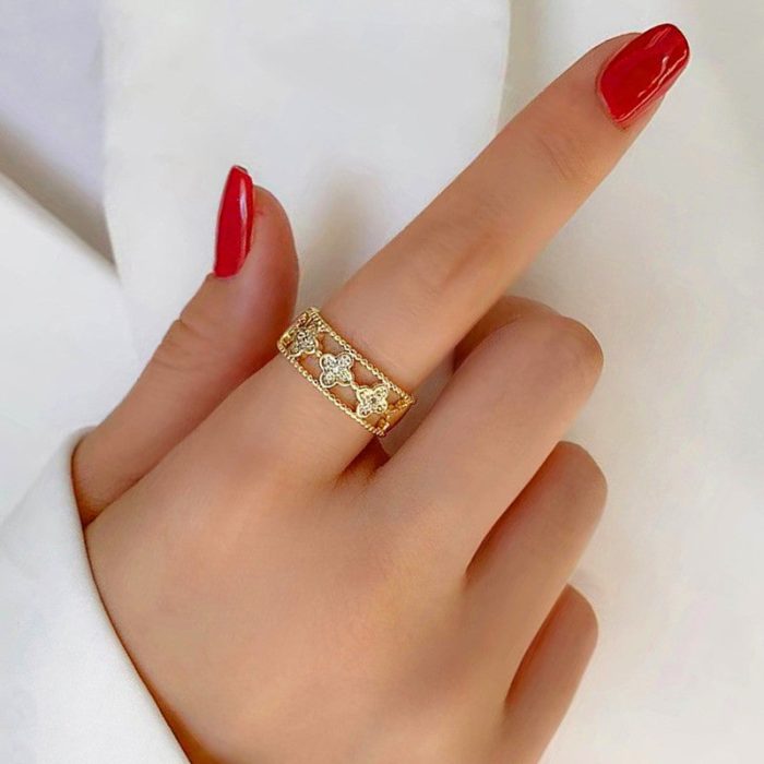 Gold Plated Anti Tarnish Stainless Steel Clover Themed Adjustable Finger Ring - Image 4