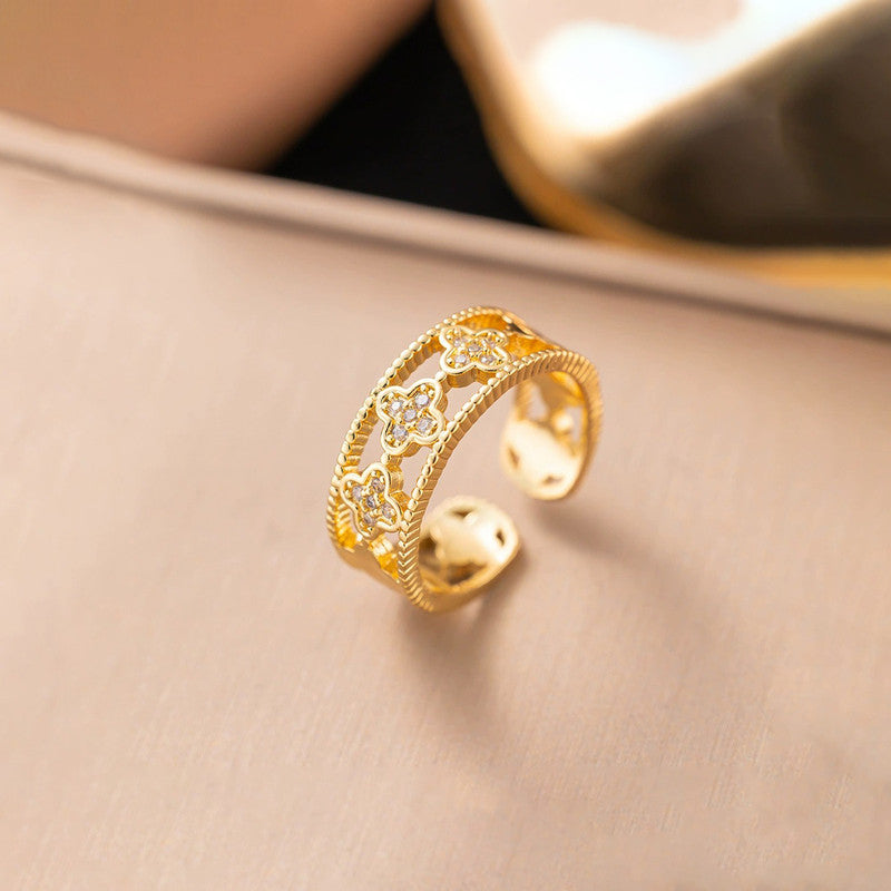 Gold Plated Anti Tarnish Stainless Steel Clover Themed Adjustable Finger Ring - Image 1