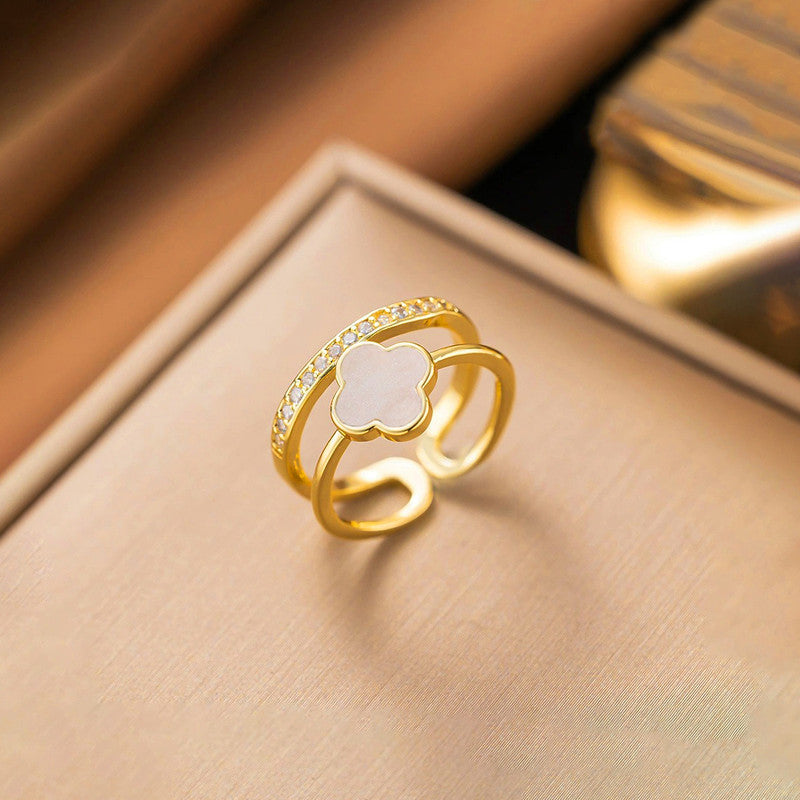Gold Plated Anti Tarnish Stainless Steel Clover Themed Adjustable Finger Ring - Image 1