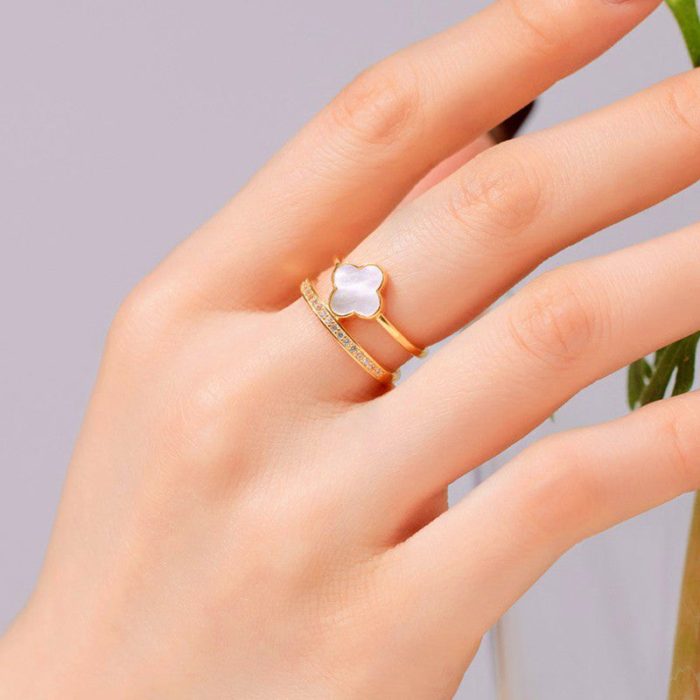 Gold Plated Anti Tarnish Stainless Steel Clover Themed Adjustable Finger Ring - Image 3