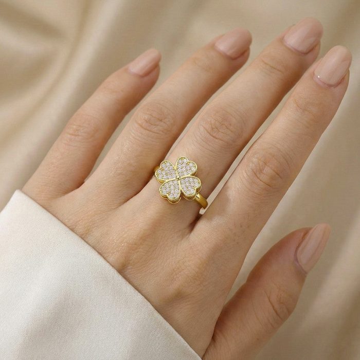 Gold Plated Clover Themed Rotatable Adjustable Ring - Image 2