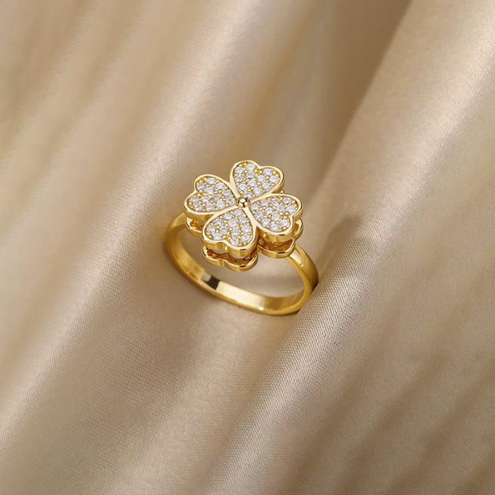 Gold Plated Clover Themed Rotatable Adjustable Ring - Image 4
