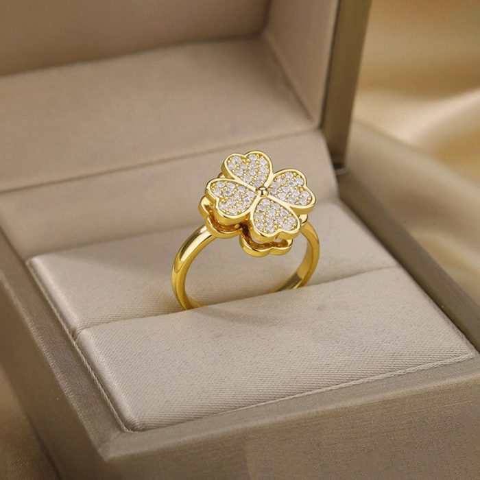 Gold Plated Clover Themed Rotatable Adjustable Ring - Image 5