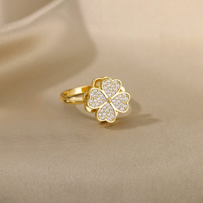 Gold Plated Clover Themed Rotatable Adjustable Ring - Image 7