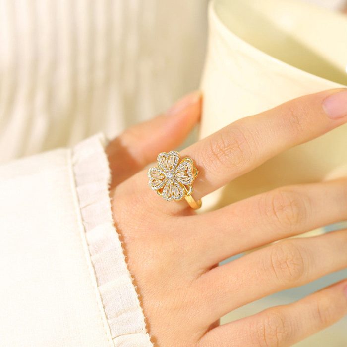 Gold Plated Clover Themed Rotatable Adjustable Ring - Image 9