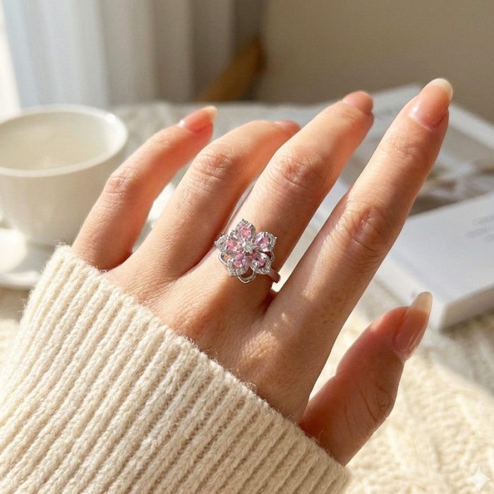 Silver Plated Star Themed Pink Rotatable Adjustable Ring - Image 2