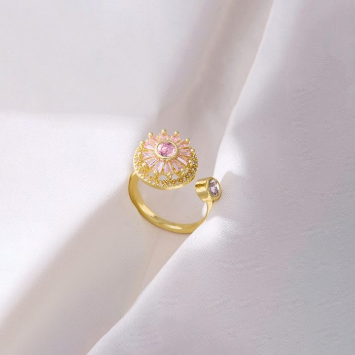 Gold Plated Round Shape Pink Rotatable Adjustable Ring - Image 2