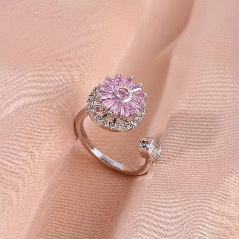 Silver Plated Round Shape Pink Rotatable Adjustable Ring - Image 1