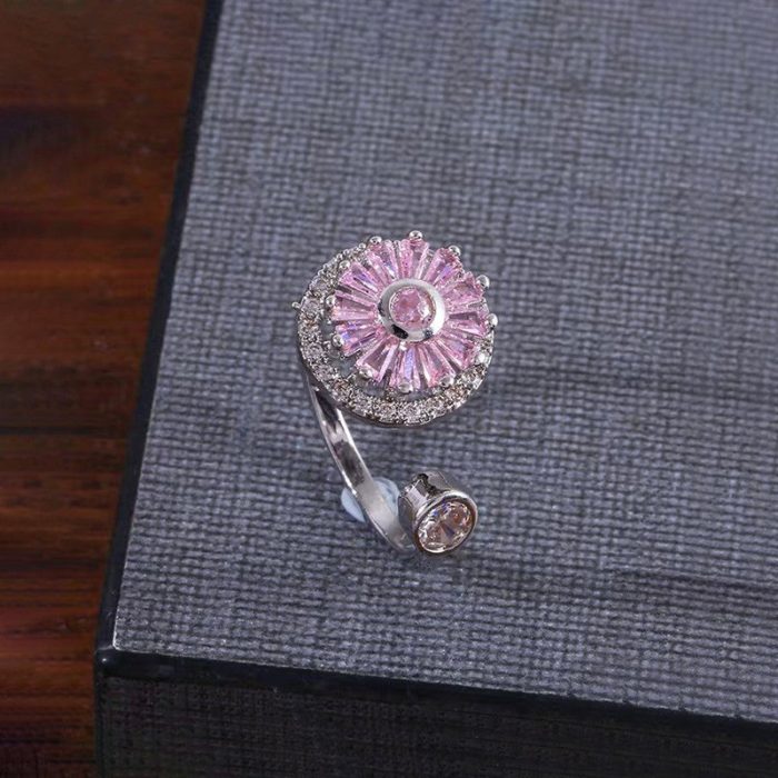 Silver Plated Round Shape Pink Rotatable Adjustable Ring - Image 4