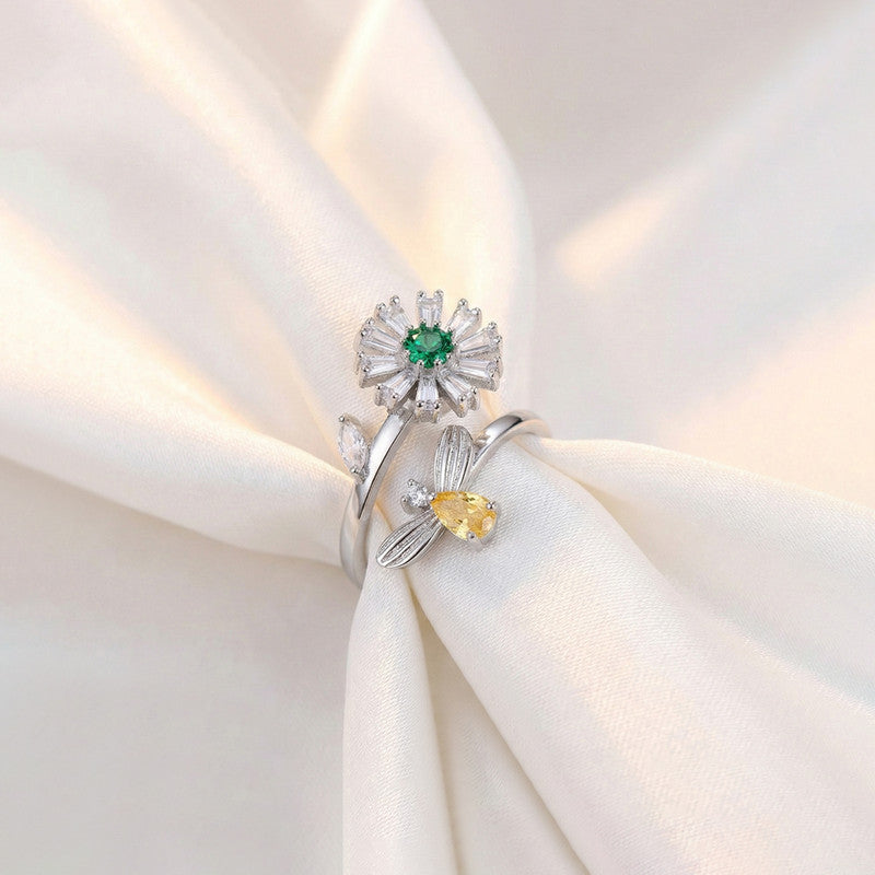 Silver Plated Floral Style Multicolor Rotatable Adjustable Ring - Image 1