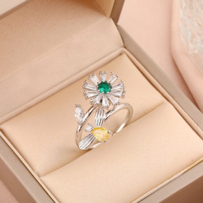Silver Plated Floral Style Multicolor Rotatable Adjustable Ring - Image 4