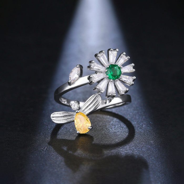 Silver Plated Floral Style Multicolor Rotatable Adjustable Ring - Image 5