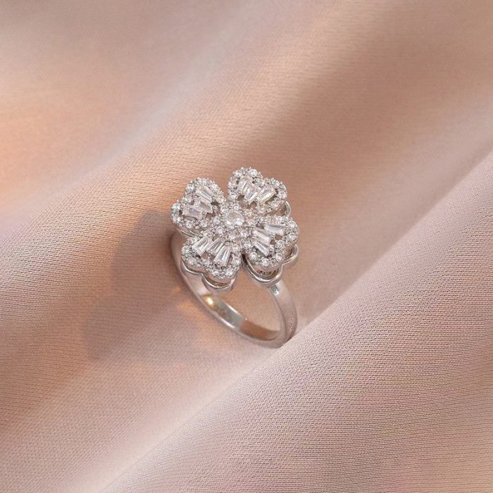 Silver Plated Clover Themed Rotatable Adjustable Ring - Image 5