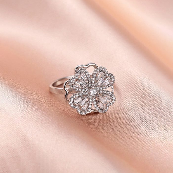 Silver Plated Clover Themed Rotatable Adjustable Ring - Image 7