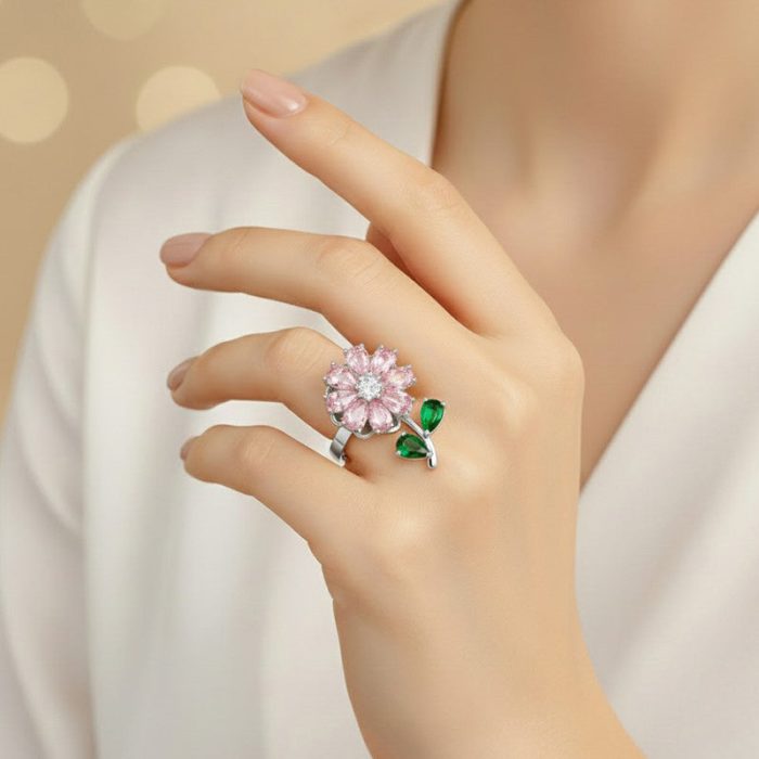 Silver Plated Floral Style Multicolor Rotatable Adjustable Ring - Image 2