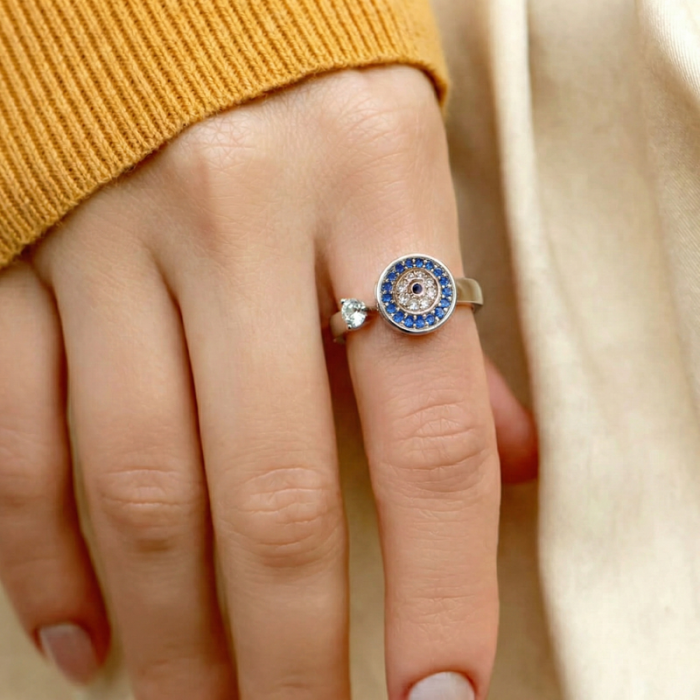 Silver Plated Multicolor Evil Eye Themed Rotatable Adjustable Ring - Image 4