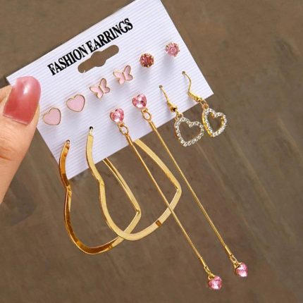 Gold Plated Heart inspired Pink and Gold Studs and Drop Earrings Combo of 6 For Women - VAIRAVI