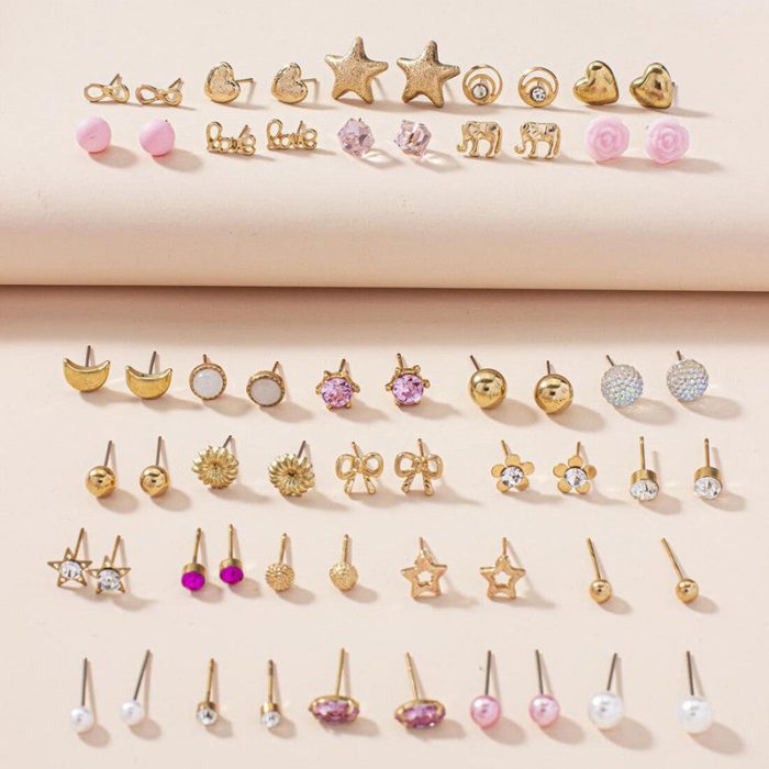 Gold Plated Gold-Pink Toned Studs Fashionable Earrings Combo of 30 For Women - VAIRAVI