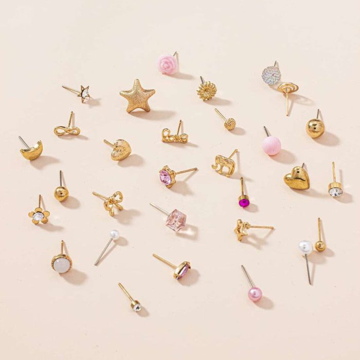 Gold Plated Gold-Pink Toned Studs Fashionable Earrings Combo of 30 For Women - VAIRAVI