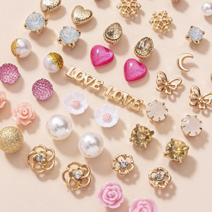 Gold Plated Gold-Pink Toned Studs Fashionable Earrings Combo of 30 For Women - VAIRAVI