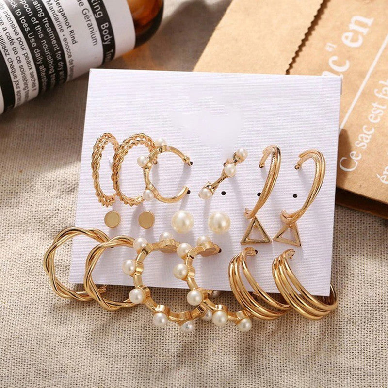 Gold Plated Gold-Toned Contemporary Hoop Earrings Set of 9 - VAIRAVI Gold Plated Gold-Toned Contemporary Hoop Earrings Set of 9 - VAIRAVI