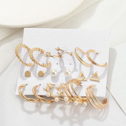 Gold Plated Gold-Toned Contemporary Hoop Earrings Set of 9 - VAIRAVI