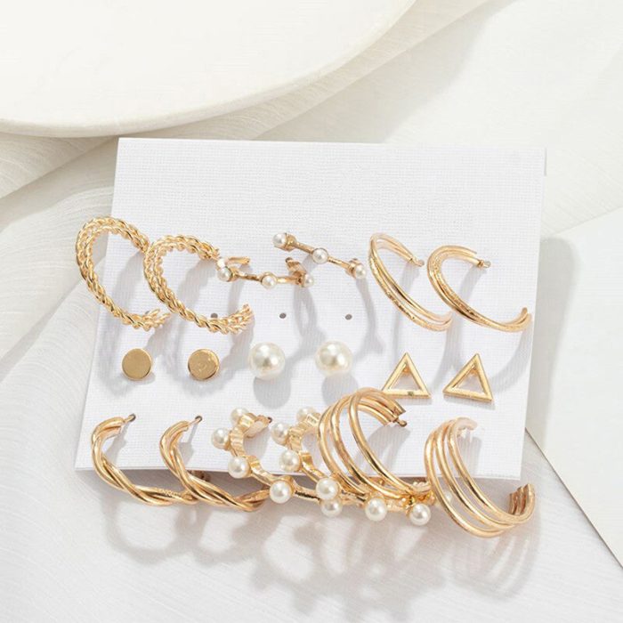 Gold Plated Gold-Toned Contemporary Hoop Earrings Set of 9 - VAIRAVI