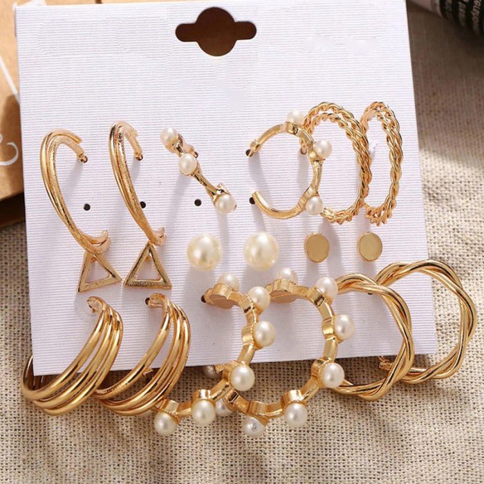 Gold Plated Gold-Toned Contemporary Hoop Earrings Set of 9 - VAIRAVI