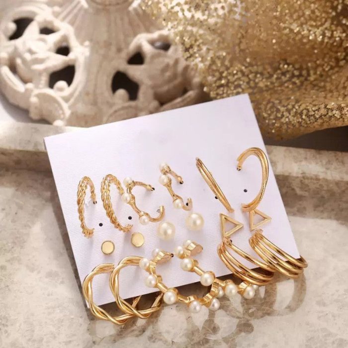 Gold Plated Gold-Toned Contemporary Hoop Earrings Set of 9 - VAIRAVI
