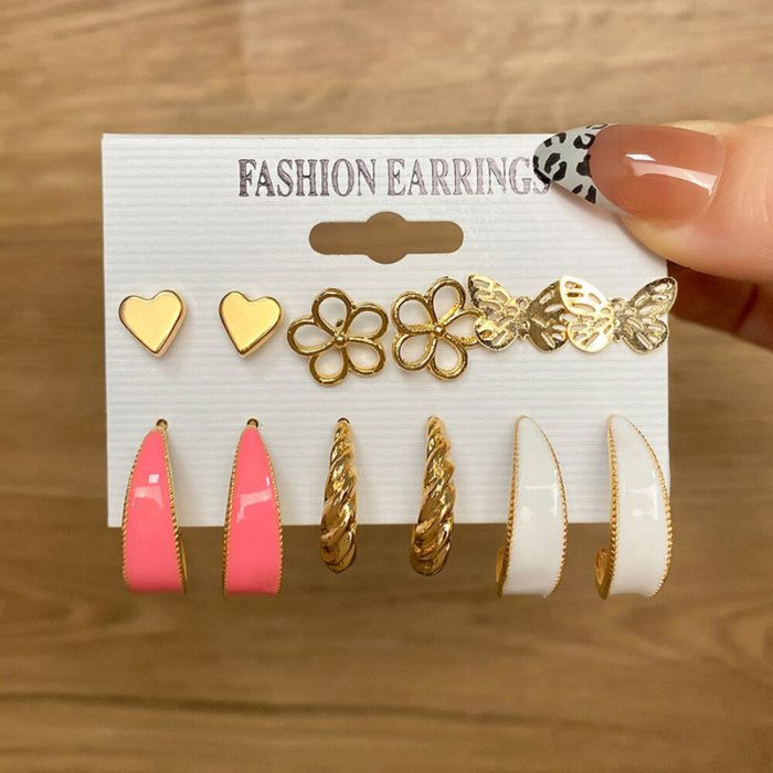Gold Plated Pink and Gold Studs and Hoop Earrings Set of 6 For Women - VAIRAVI