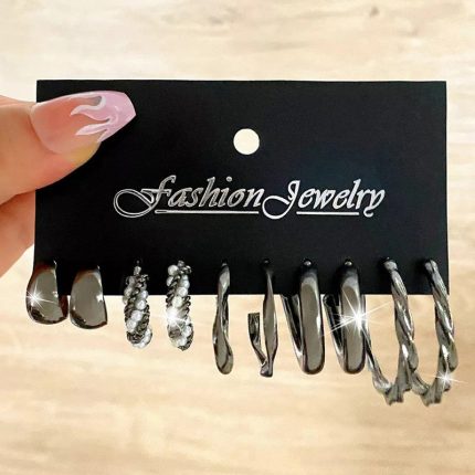 Black Silver Plated Black-Toned Contemporary Hoop Earrings Set of 5 For Women - VAIRAVI