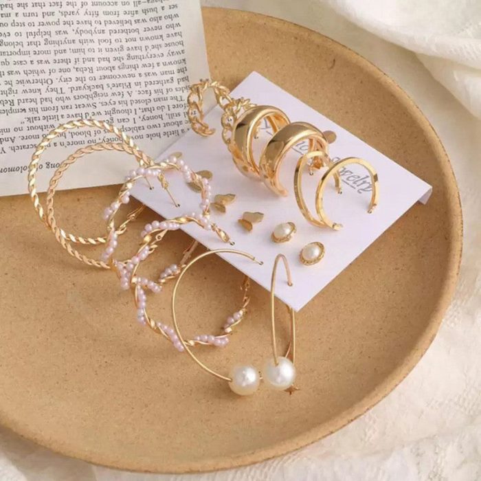 Gold Plated Contemporary Studs and Hoop Earrings Set of 9 For Women - VAIRAVI