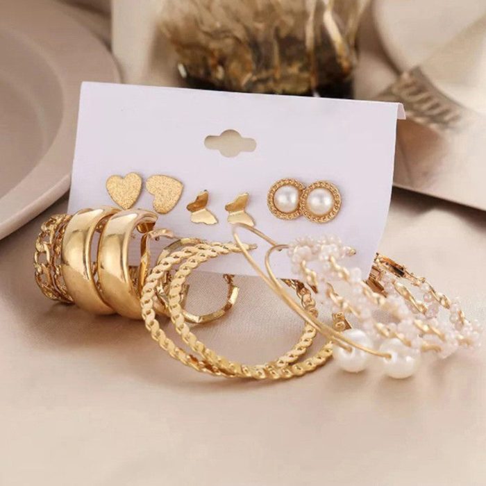 Gold Plated Contemporary Studs and Hoop Earrings Set of 9 For Women - VAIRAVI