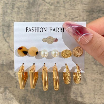 Gold Plated Multi Contemporary Studs and Hoop Earrings Set of 9 For Women - VAIRAVI