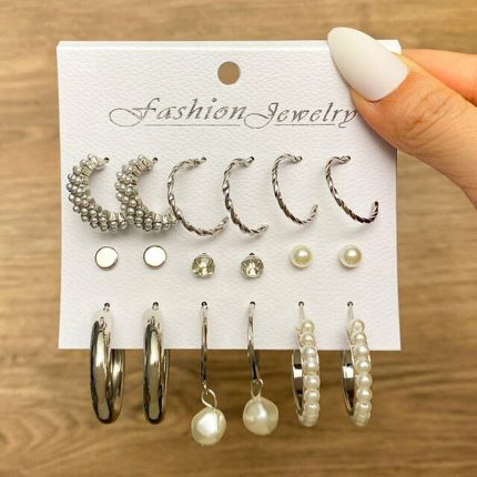 Silver Plated Silver-Toned Contemporary Hoop Earrings Set of 9 For Women - VAIRAVI