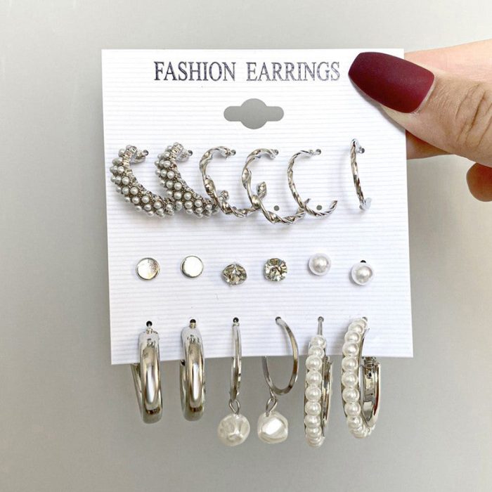 Silver Plated Silver-Toned Contemporary Hoop Earrings Set of 9 For Women - VAIRAVI