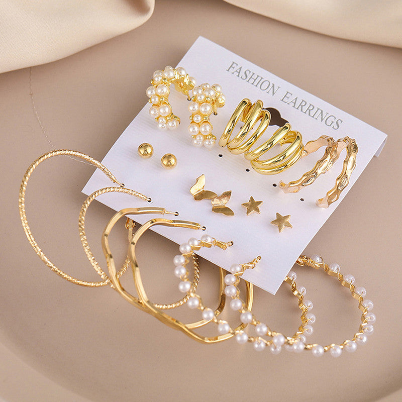 Gold Plated Contemporary Studs and Hoop Earrings Set of 9 - VAIRAVI Gold Plated Contemporary Studs and Hoop Earrings Set of 9 - VAIRAVI