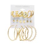 Gold Plated Contemporary Studs and Hoop Earrings Set of 9 - VAIRAVI