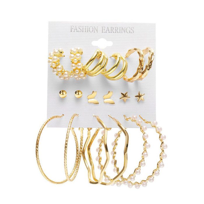 Gold Plated Contemporary Studs and Hoop Earrings Set of 9 - VAIRAVI