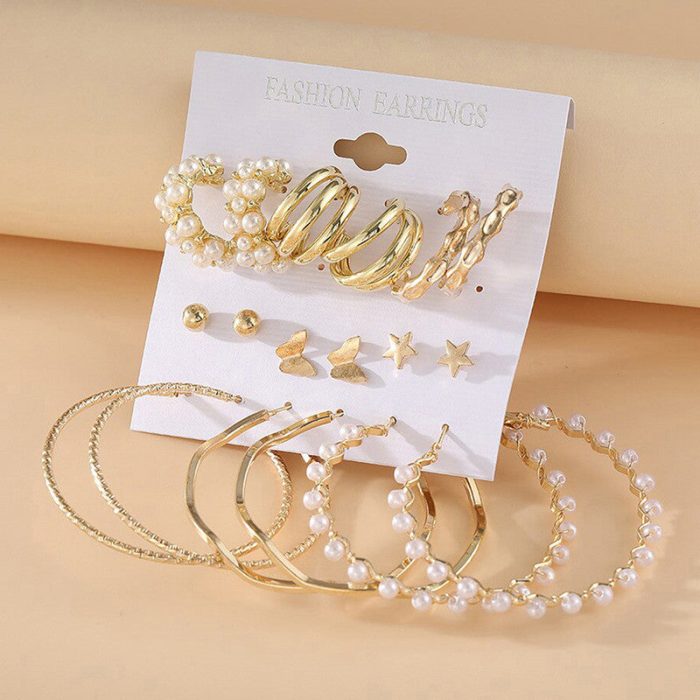 Gold Plated Contemporary Studs and Hoop Earrings Set of 9 - VAIRAVI