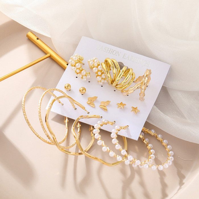 Gold Plated Contemporary Studs and Hoop Earrings Set of 9 - VAIRAVI